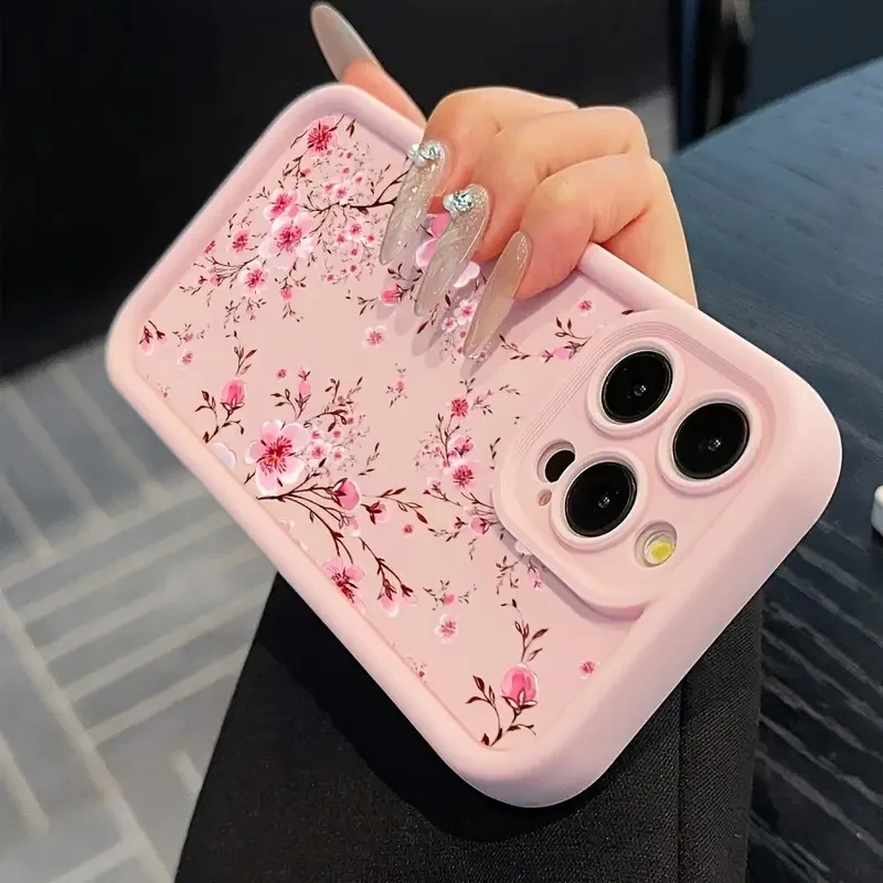 Pink Peach Blossom Pattern Shockproof Silicone Phone Case Cover
