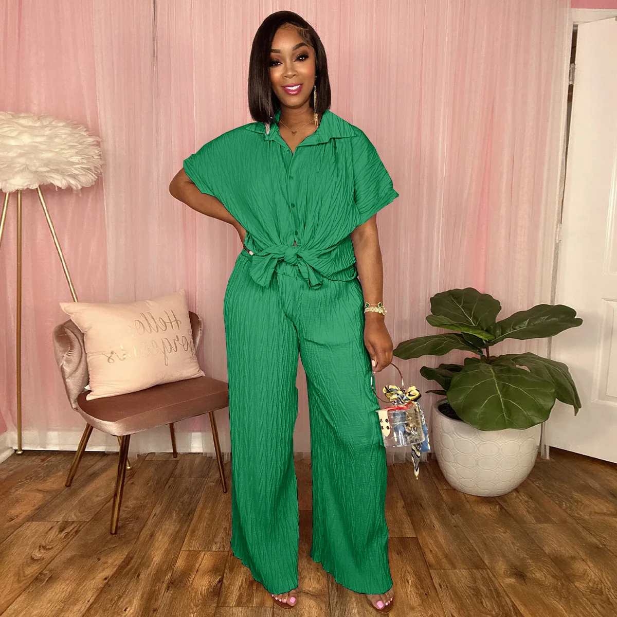 Women's Spring/Summer Casual Solid Color Tree Pleated Short Sleeve Shirt Casual Wide Leg Pants Suit Fashion Elegant Style