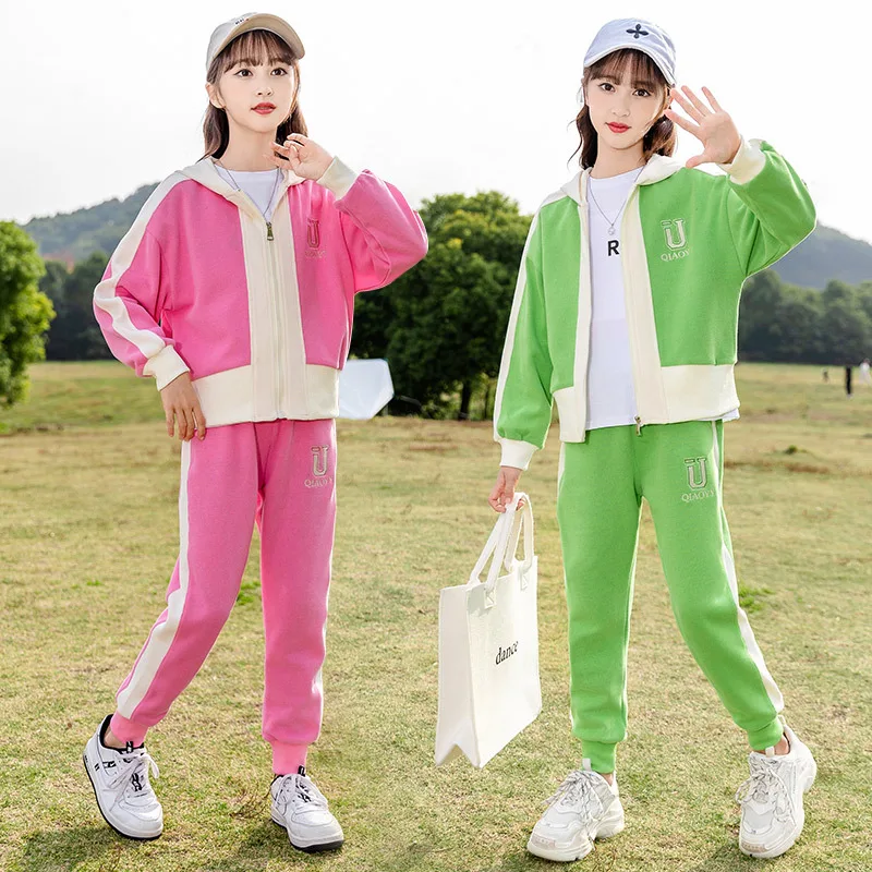 

Spring and Autumn Patchwork Casual Children's Sets 4-16Y Girls Zipper Hooded Jacket Sports Pants Two Piece Set