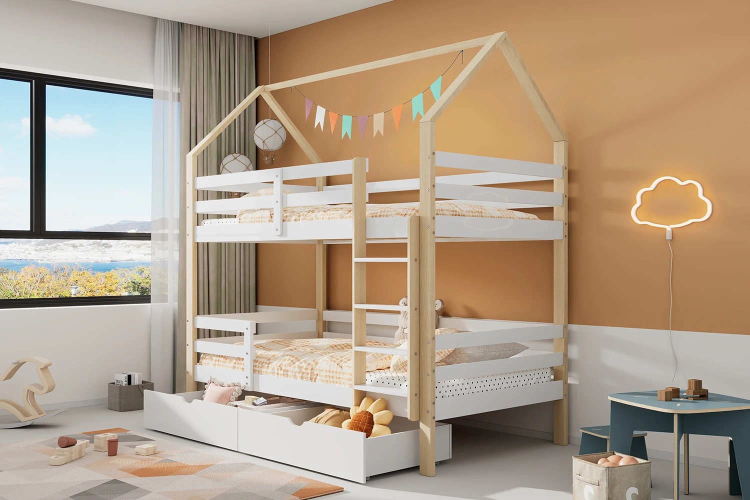 Einfach ins und aus dem Bett steigen und heruntersteigen, Doppelbett, Kinderbett in Hausform, große Schubladen, Hausbett aus Kiefernholz für Kinder, 90 x 200 cm – Detail 13