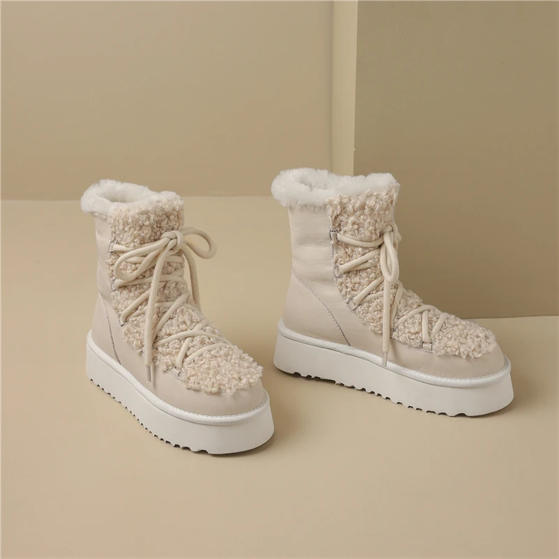 

Meotina Women Genuine Leather Ankle Short Boot Round Toe Flat Platform Mid Heel Lace-up Wool Snow Boot Lady Fashion Shoes Winter