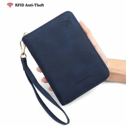 Versatile PU Leather RFID Passport Wallet with Secure Zipper Closure (Dark Blue)