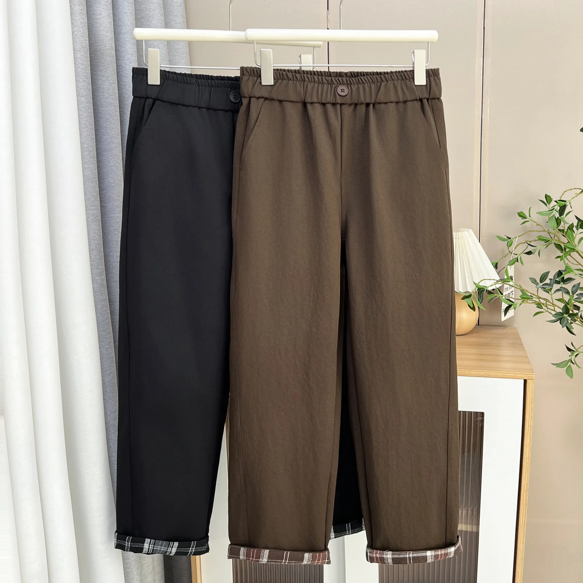 XXXXL Fashion Plus Size Women's Straight Leg Pants New Autumn rolled-up Leg Oepning Plaid Ankle-Length Trousers 2546