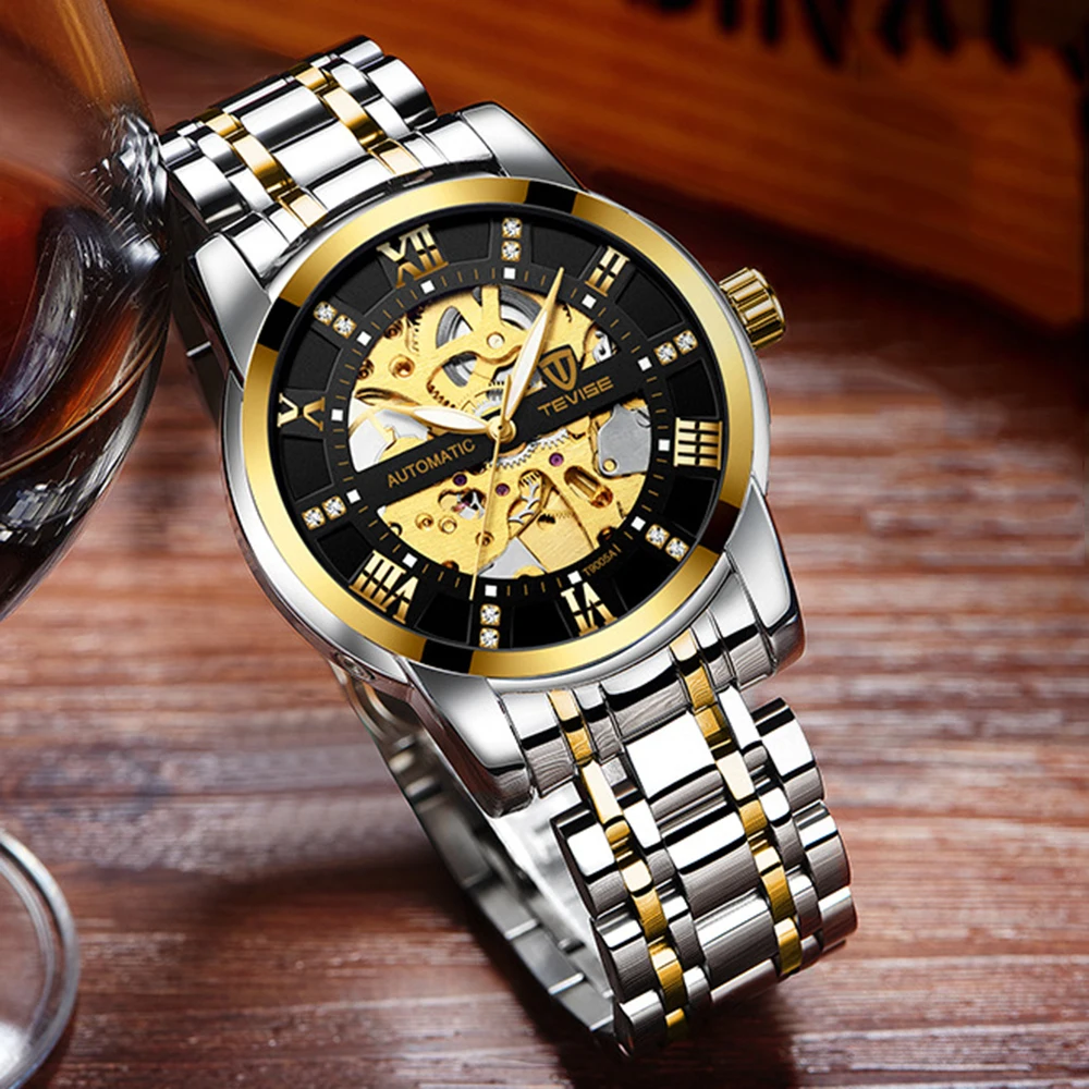 Luxury Automatic Men's Watch with Black Gold Skeleton Design and Diamond Dial