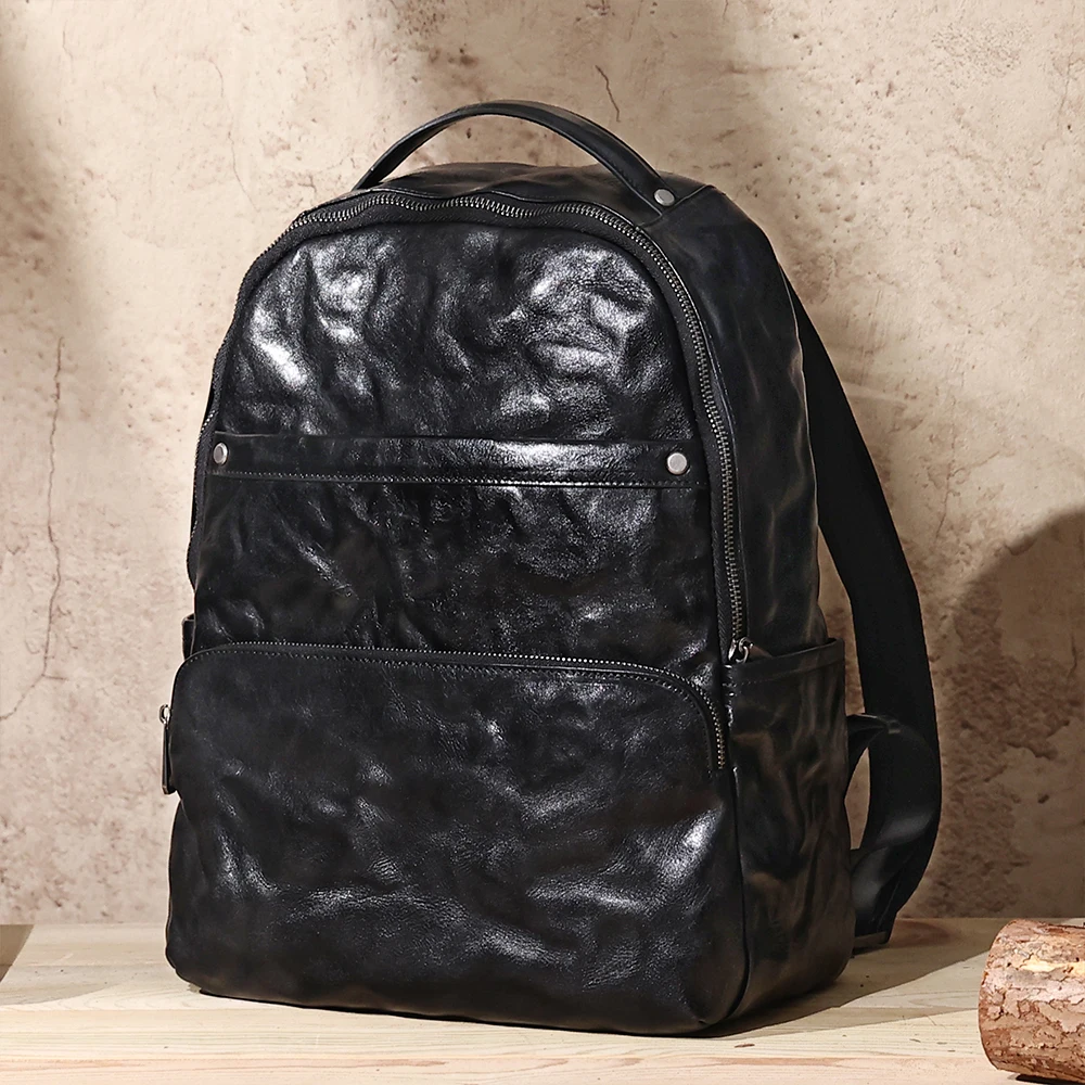 Genuine leather business trendy brand backpack for men's 15.6-inch computer bag cowhide outdoor leisure travel male backpack