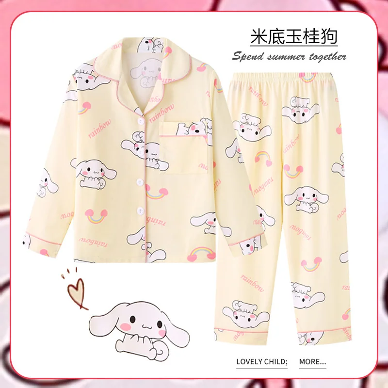 

Kawaii Sanrios Children's Pajamas Set Kuromi Cinnamoroll Hello Kittys Autumn Girls Thin Long-Sleeved Cardigan Home Wear Pajamas