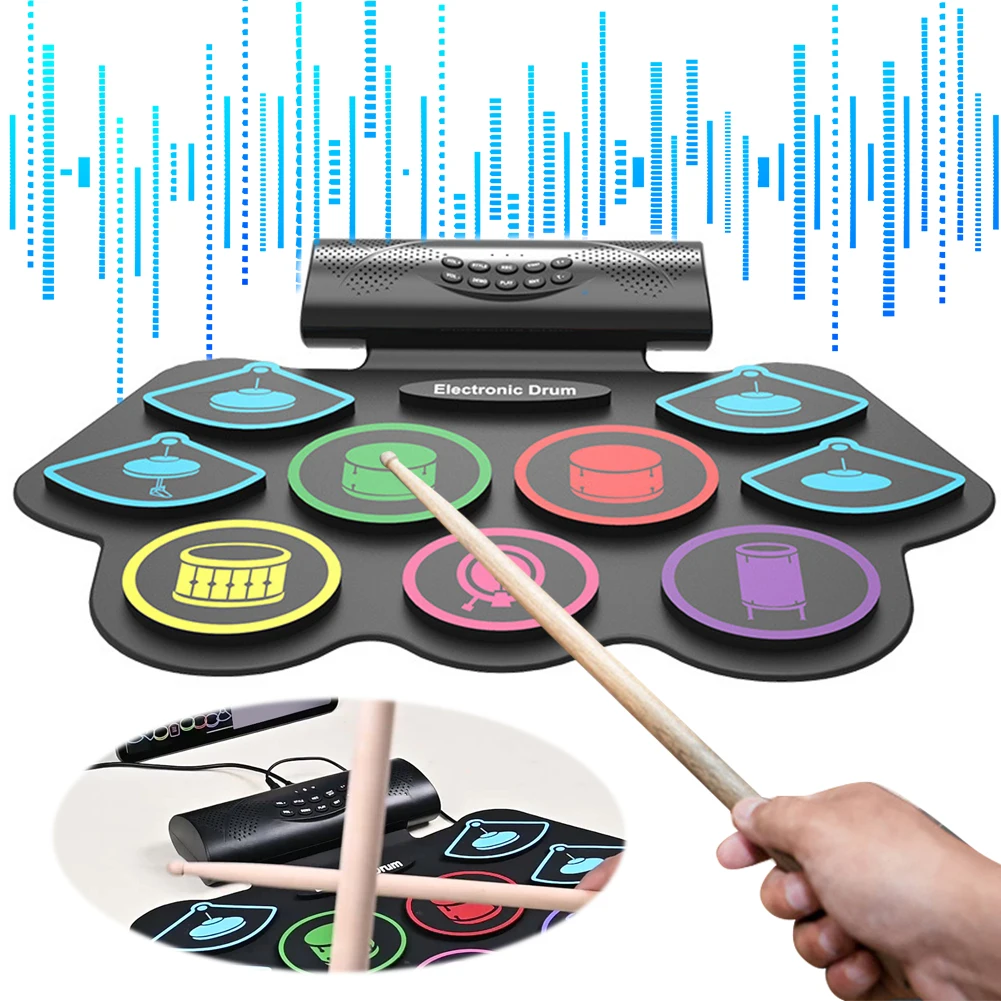Roll-up drum practice pad with drum sticks and pedals portable kit BT electric set for kids Xmas birthday gift