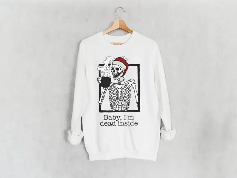 Sweatshirt Skeleton Drinking Coffee Funny Sweatshirt Christmas Funny Women Graphic Organic Vegan cotton Shirt Top Drop Shipping