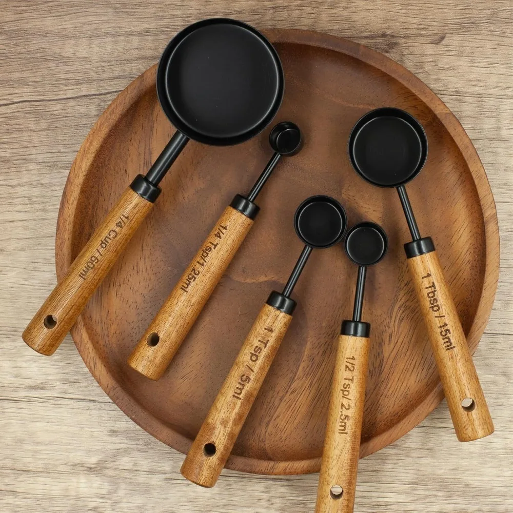 Measuring Cup and Spoon Set 8 Piece Stainless Steel with Wooden Handle Baking Coffee Tools