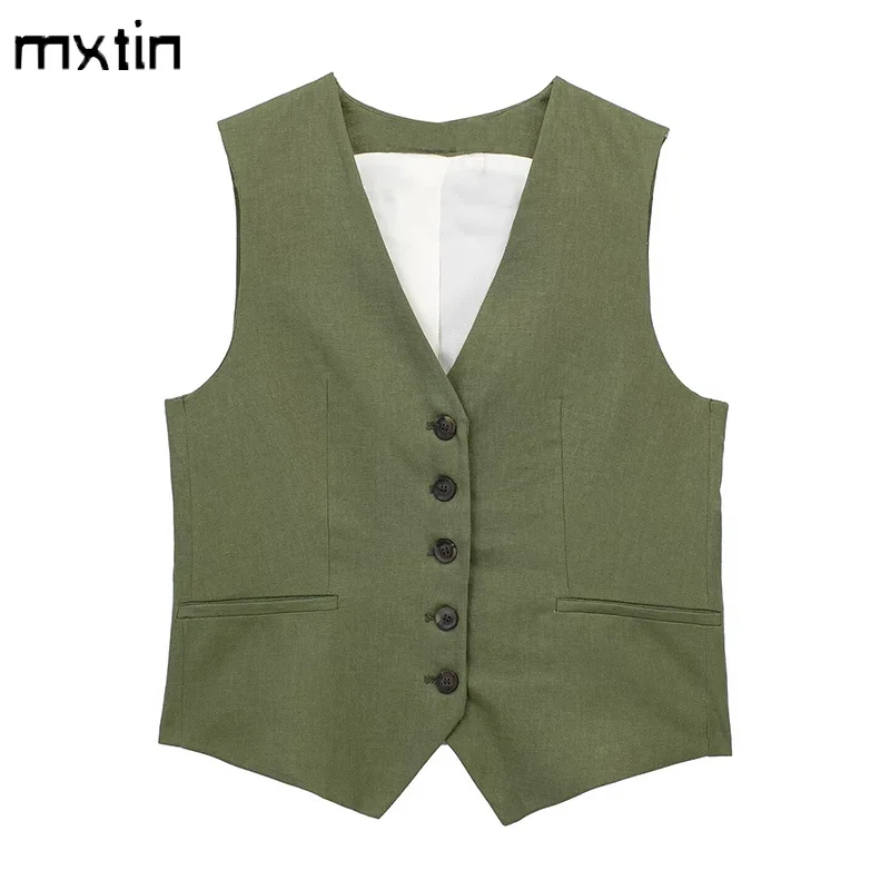 

Женский жилет, осенняя модная льняная куртка, весенний жилет с V-образным вырезом, Офисная Женская верхняя одежда без рукавов в Корейском стиле, пальто, одежда