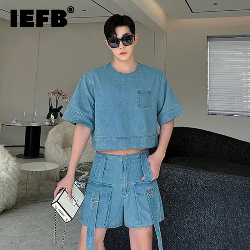 

IEFB Fashion Men's Casual Two-piece Set Round Neck Short Sleeve Tops Big Pockets Shorts New Chic Summer Male Suit 2024 9C6080