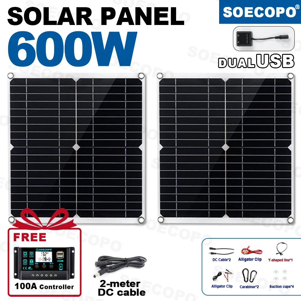ชุดแผงโซลาร์เซลล์พกพาสำหรับตั้งแคมป์ SOECOPO 600W แผงโซลาร์เซลล์แบบโฟโตโวลตาอิก 2*300W (เอาต์พุต 12V - 18V) มาพร้อมกับคอนโทรลเลอร์ 100A ฟรี 1