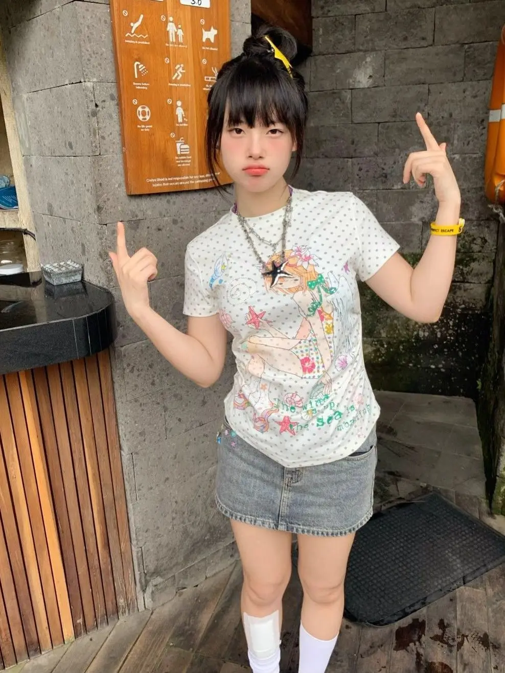 Gray White Wave Point Print Short Sleeve T-shirts 2026 Summer New O-neck Top for Women Y2k Slim Fit All-match Tee Shirt 6