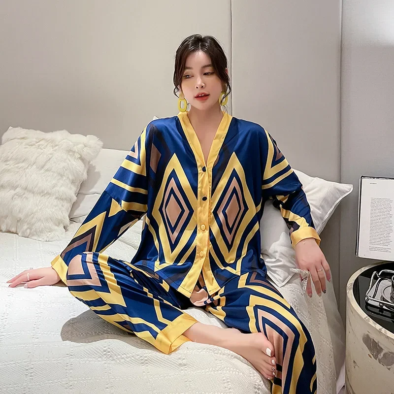 Women's Pajamas Set Super Big Rhombus Print Sleepwear Silk Like Nightwear Casual Homewear pajamas suit for women pijama mujerc