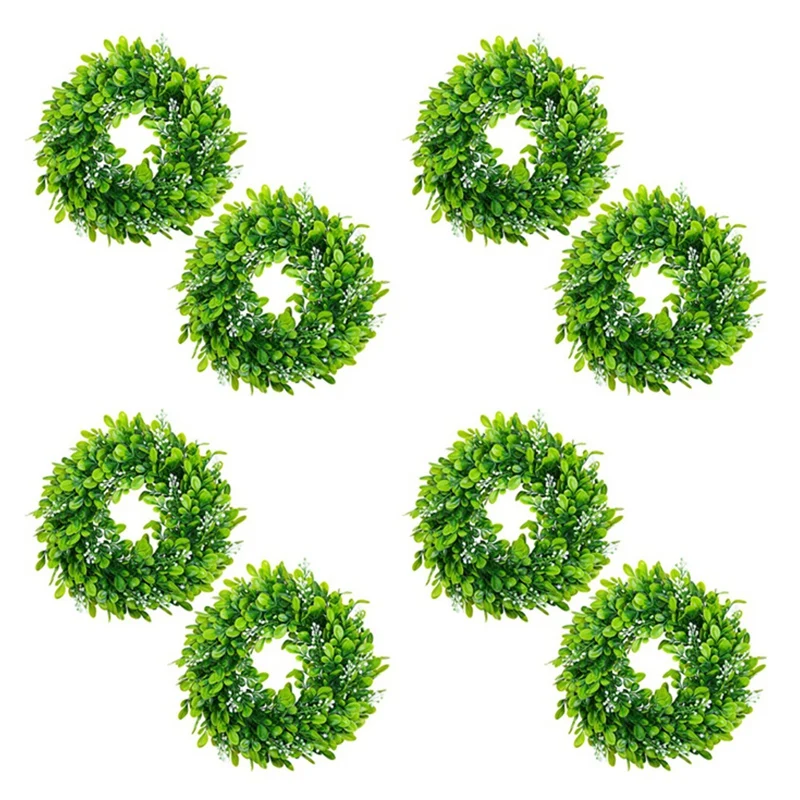 

8 Pack Artificial Boxwood Wreath Faux Artificial Green Leaves Wreath Front Door Hanging Wreath Decoration, 10 Inches