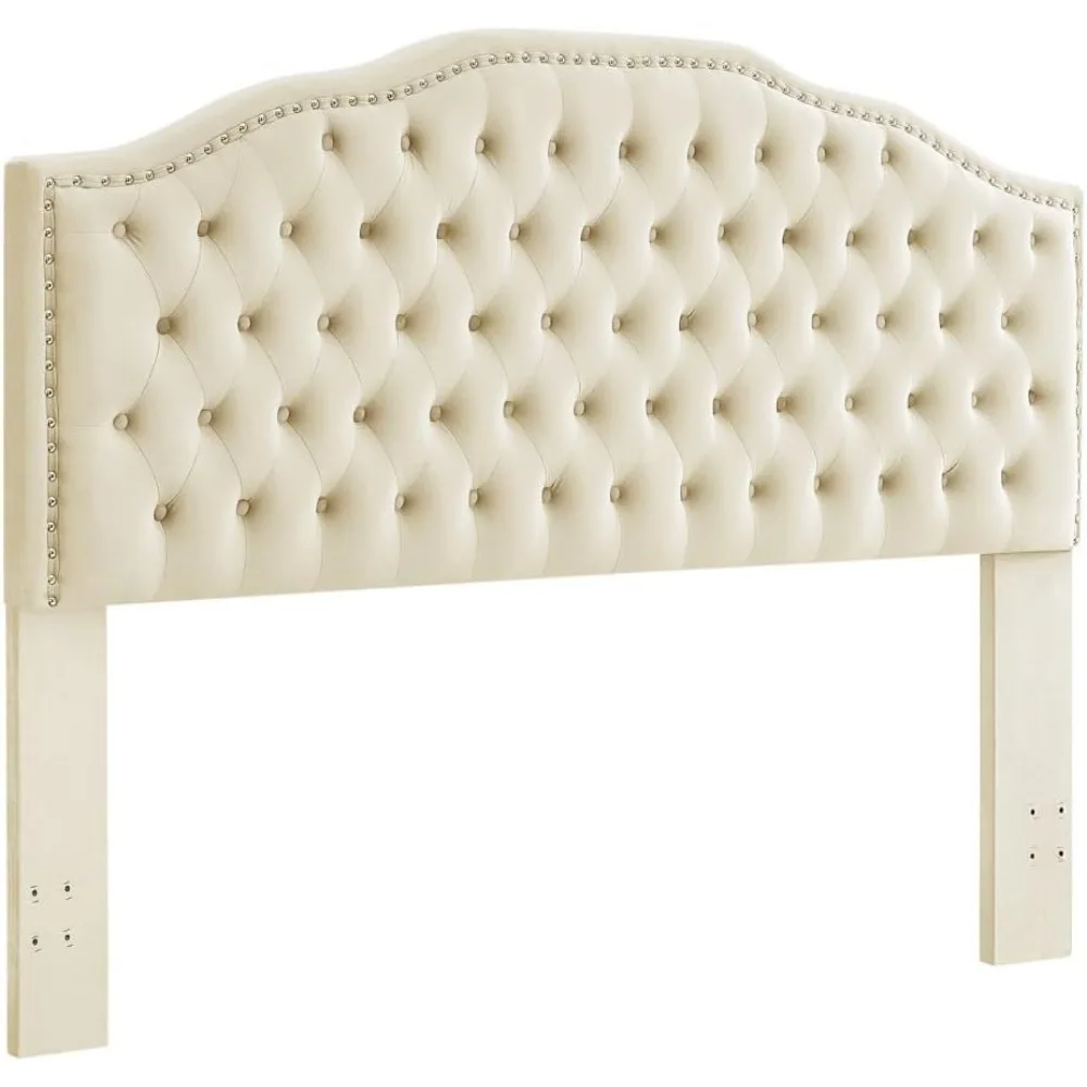 Upholstered Button Tufted King Headboard with Nailhead Trim, Soft Velvet Fabric Headboard King/California King 6031-K-Cream