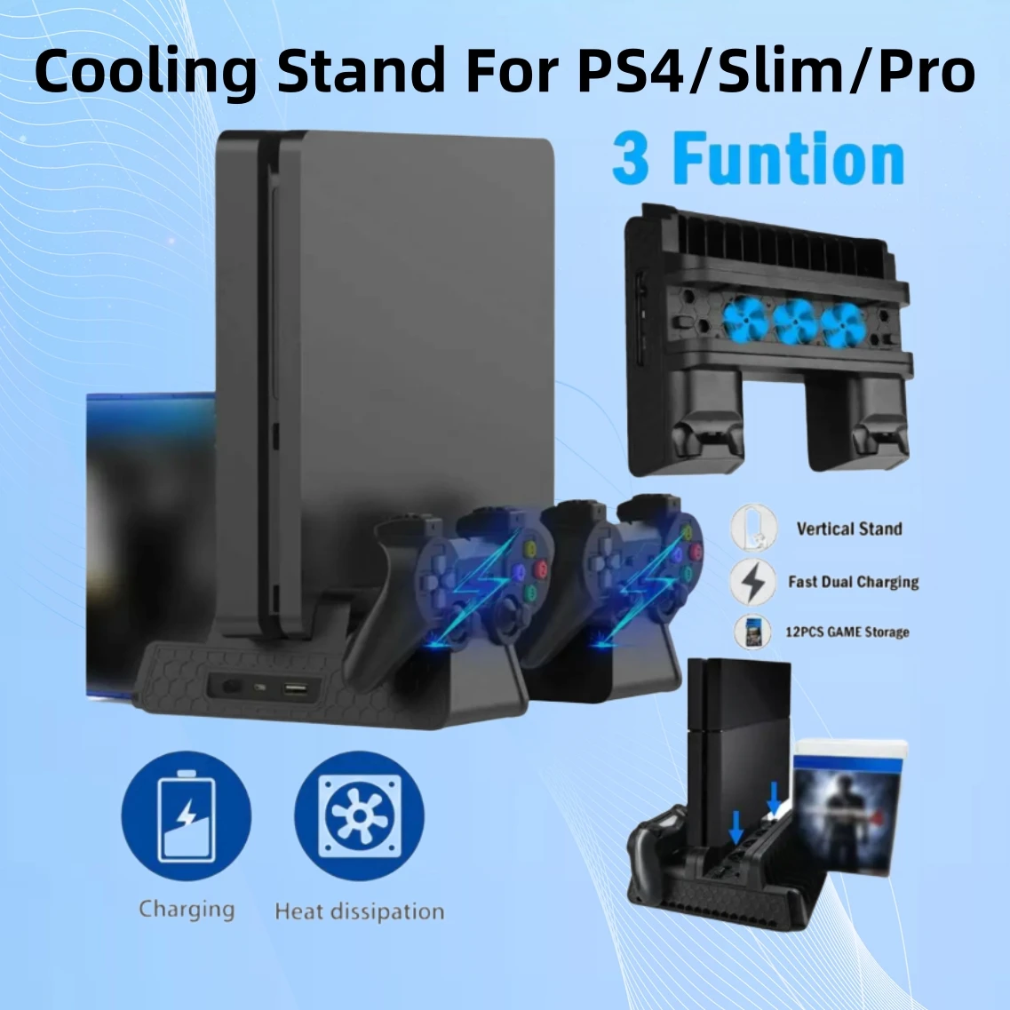 PS4 슬림 프로용 냉각 스탠드, 컨트롤러 충전 스테이션 핸들 충전기 도크, 디스크 슬롯 게임 카드, 플레이스테이션 4 용