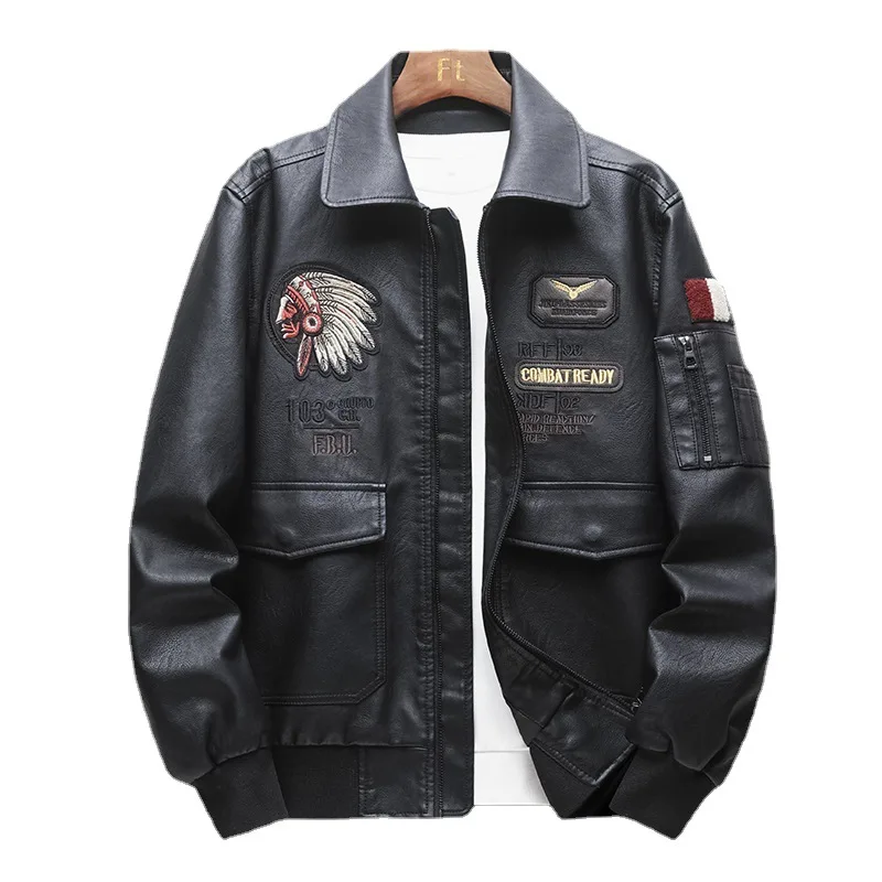 Fashion Autumn and Winter New Embroidered  Leather Coat Edition Flip Collar Air Force PU Motorcycle Leather Jacket Men