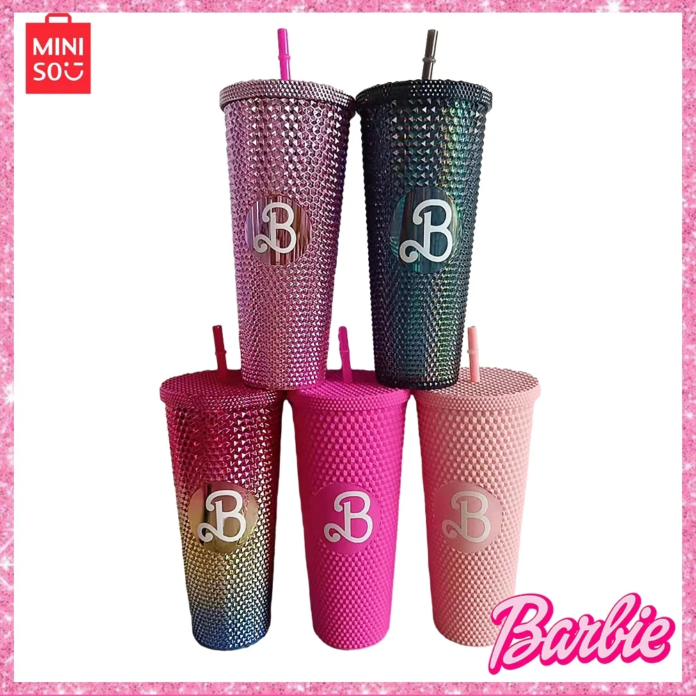 Miniso Barbie Y2K Girls \ 'New Durian Cup Plastic Straw Cup 710Ml Ad Alta Capacità Creative Tie Hands Cup Halloween Christmas Gift