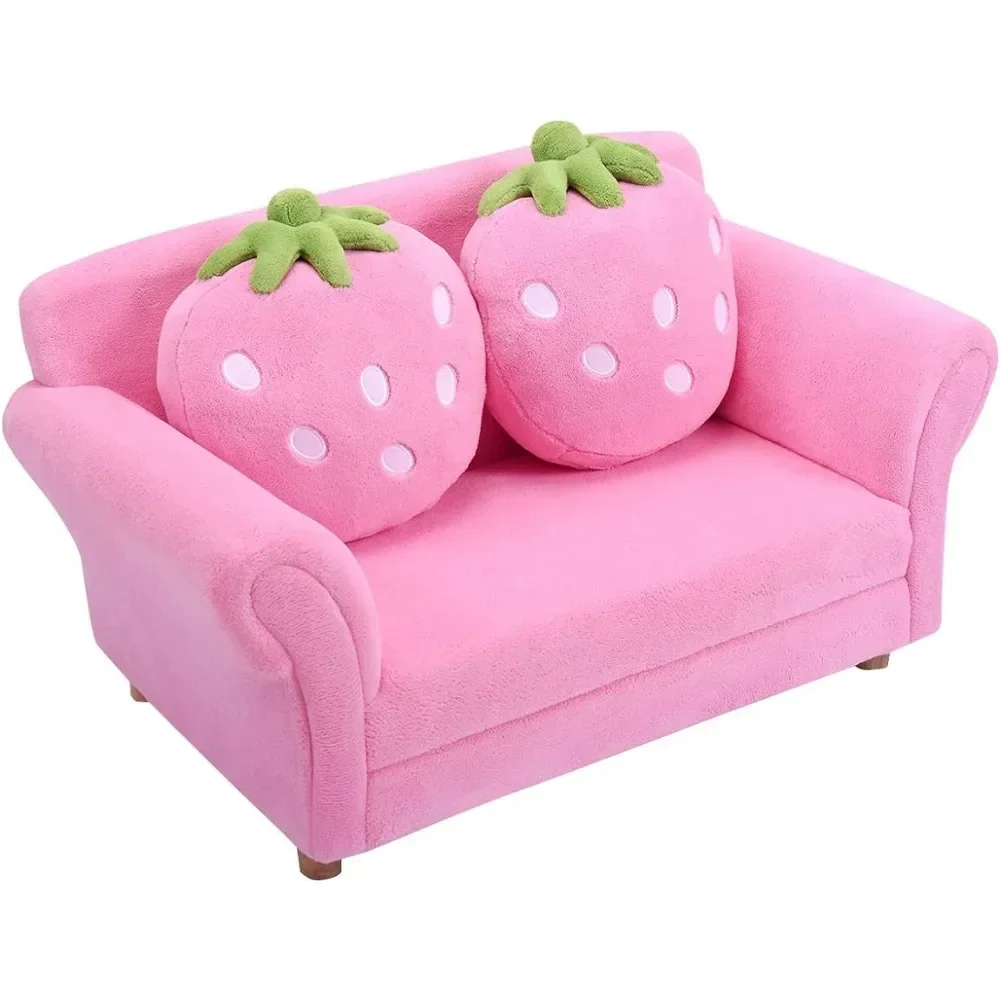 Children's sofa, upholstered toddler armchair with ergonomic backrest and 2 strawberry pillows, two-seater toddler armchair 6