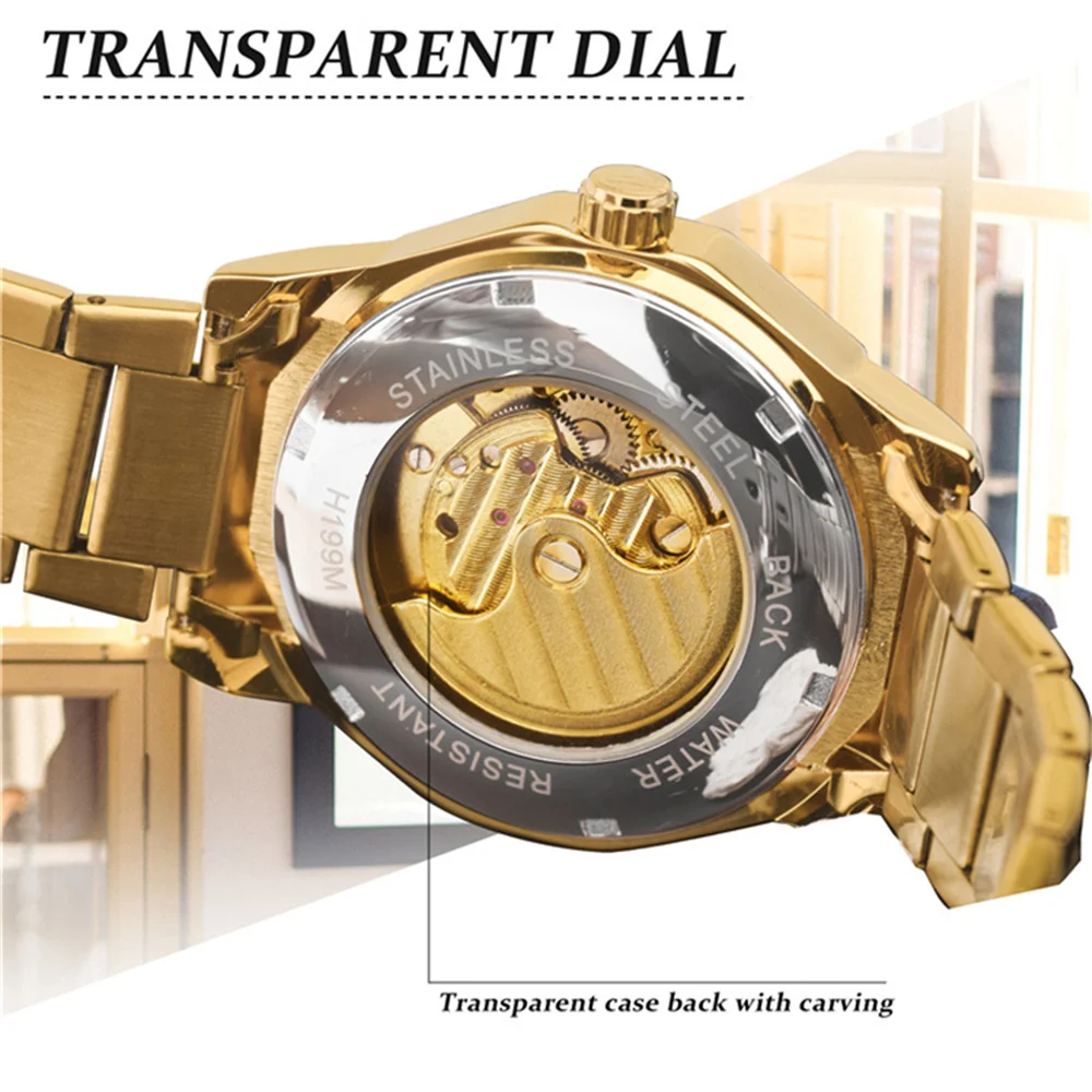 Forsining 199A Luxury Design Skeleton Transparent Golden Stainless Steel Mens Automatic Mechanical Male Watch Limited Hot Sale images - 6