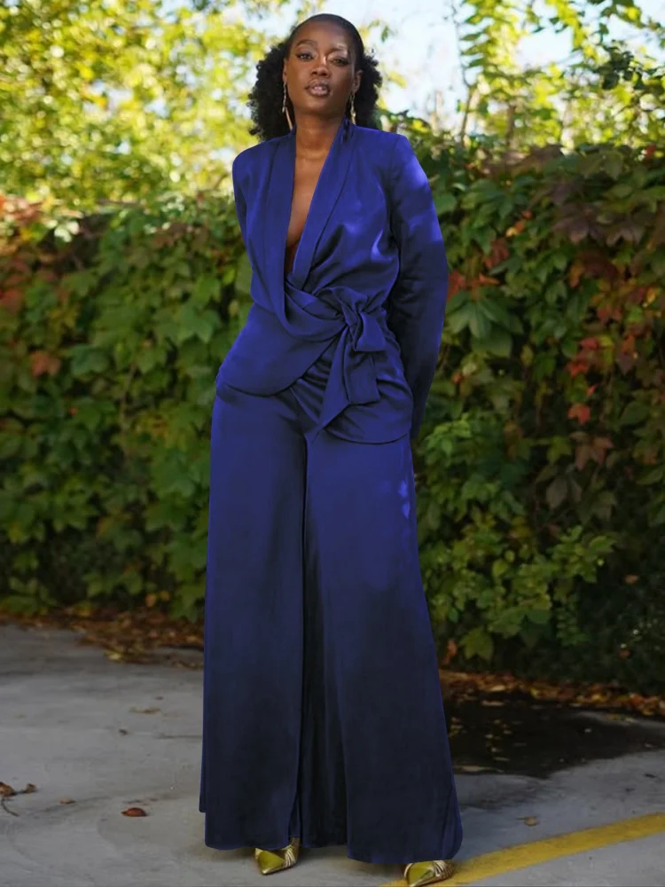 Wmstar Two Piece Sets Women Wholesale Fall and Winter Solid Color Suit Collar Tie Top Cardigan Wide Leg Pants Set Drop Shopping