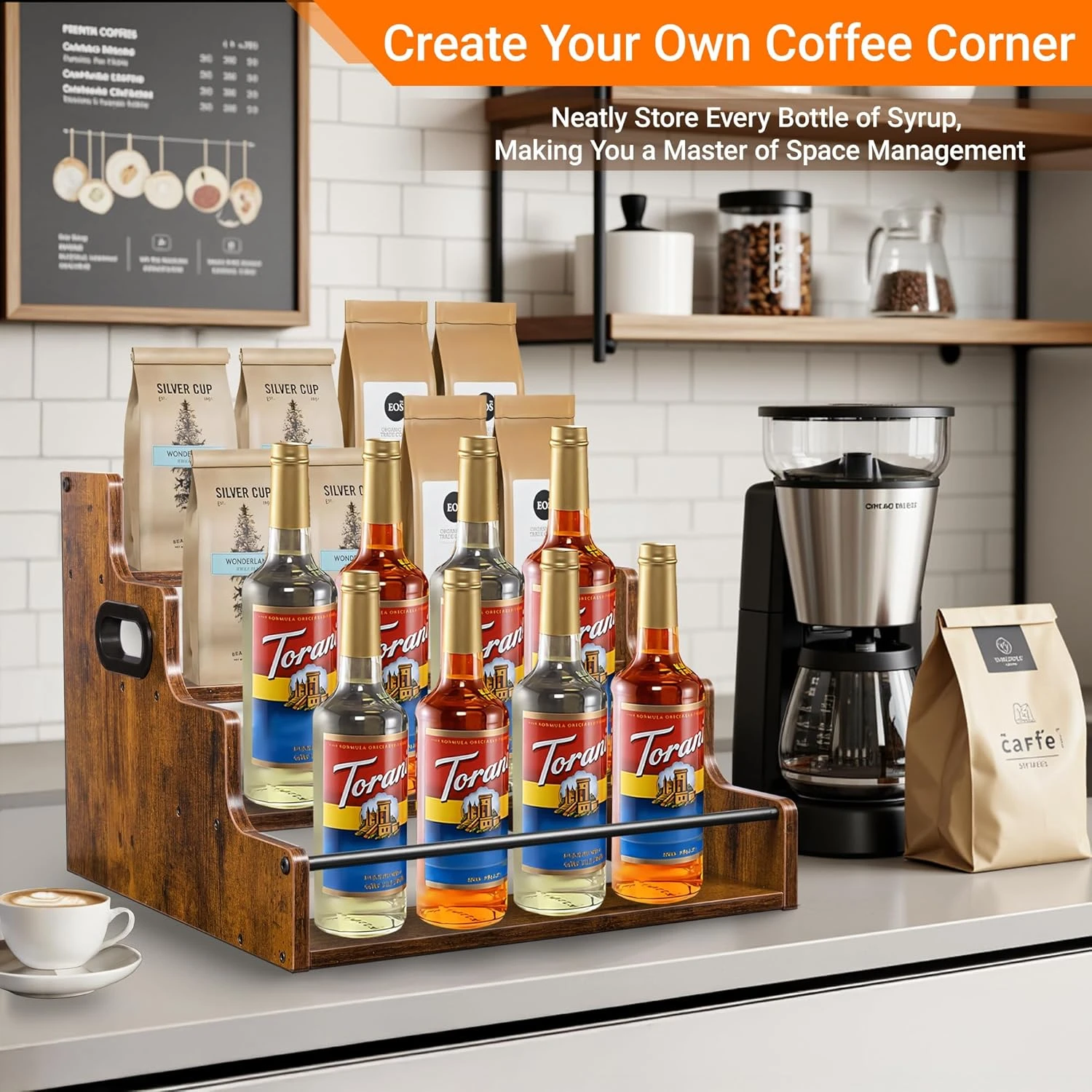 Liquor Bottle Display Shelf, Coffee Syrup Rack Organizer, 3 Step Countertop Liquor Wine Rack, mini bar,liquor cabinet, Home Retro Bar Shelf Stand for Liquor Whiskey, Spirits 2