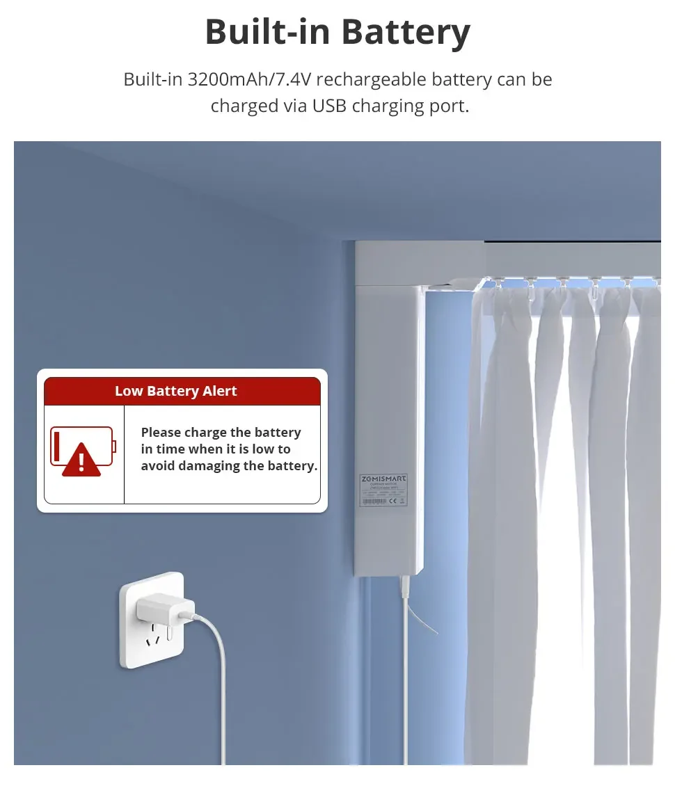 Zigbee Electric Sliding Curtain Motor Built-in Battery with Customized Track Wor