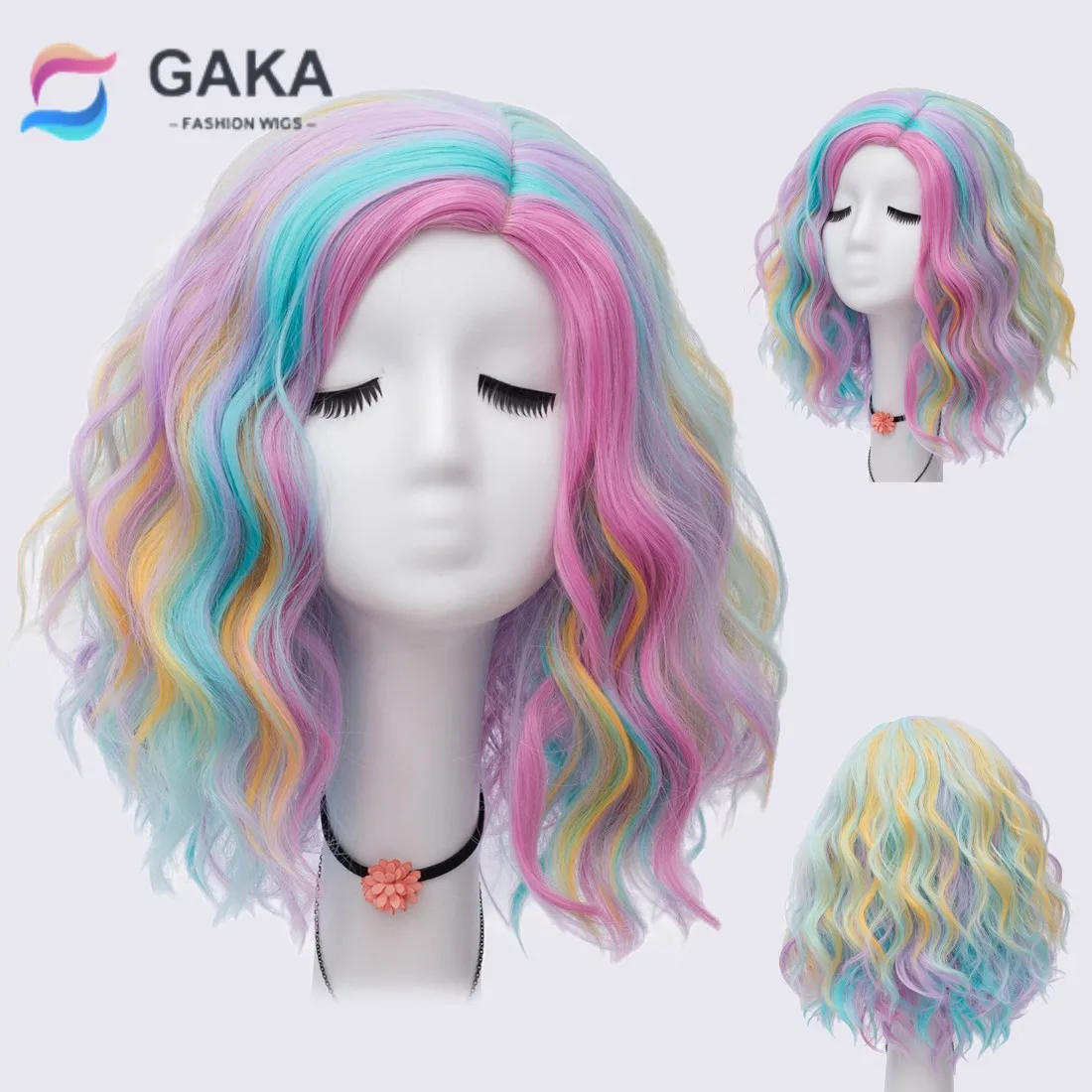 GAKA Synthetic Hair Short Curls Mixed Rainbow Color Fake Hair Purple-Blue With Blonde Red Highlight Bob Wig Ladies 2023 new women s denim mini skirt ladies summer high waist lace up jeans shorts skirts denim bodycon skirts with fake big pocket