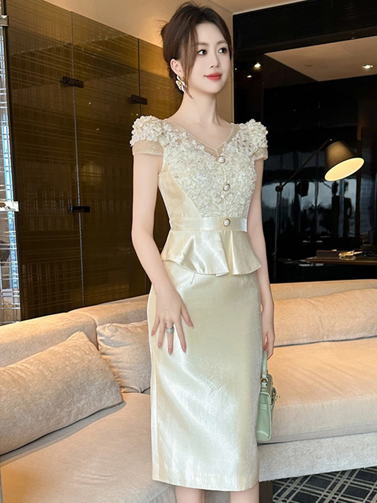 Summer Fashion Lace Spliced Formal Dress Women Clothes