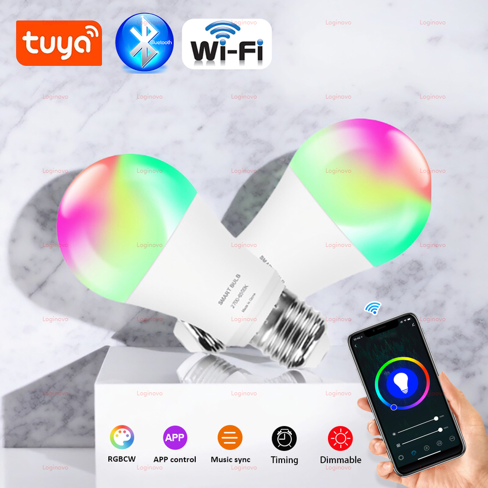 Tuya Smart E27 LED Bulb 15W 20W 110V 220V Bluetooth/WiFi RGB Dimmable Light Bulbs Led Lamp For Alexa Google Home Smart Life App
