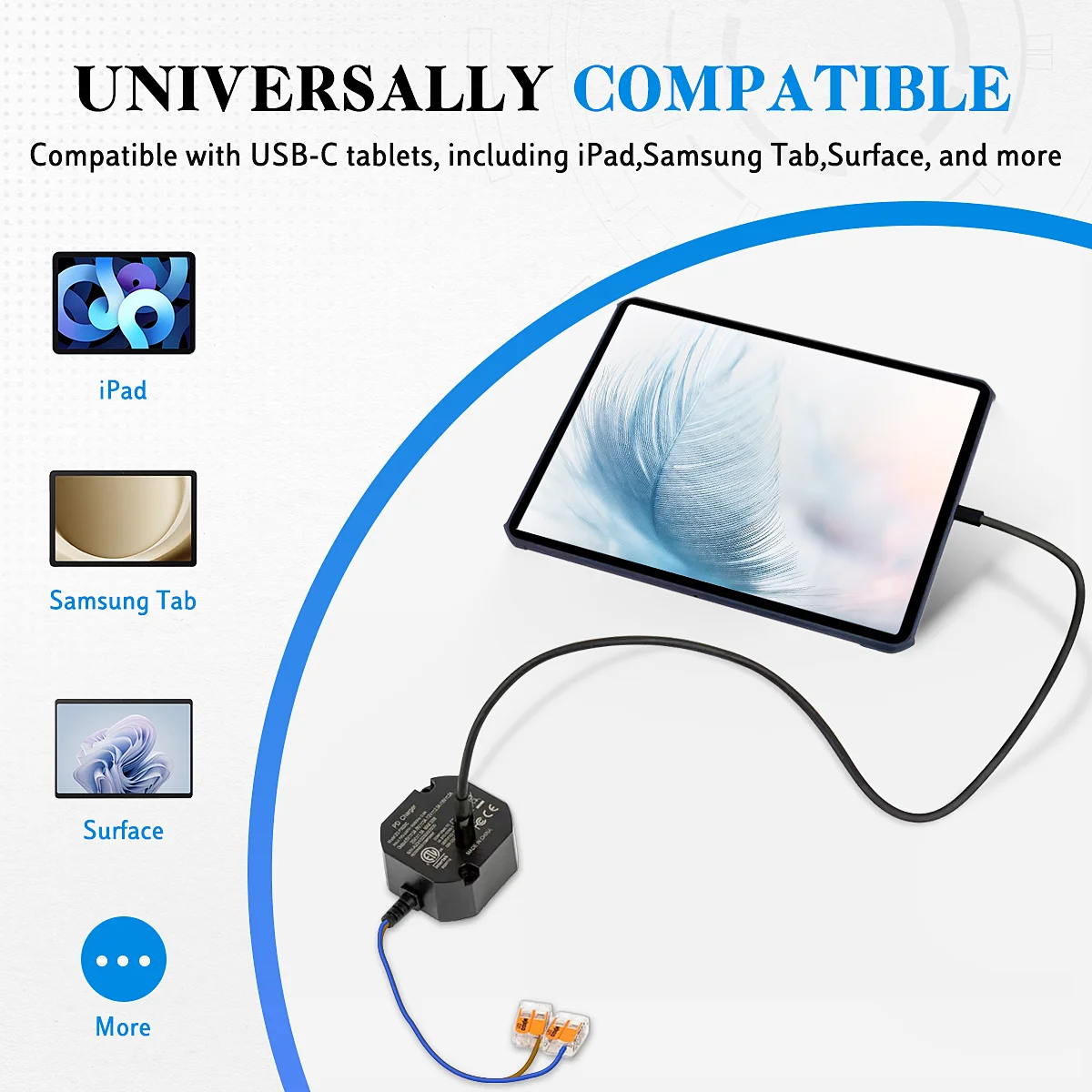 AC to USB-C Charger for Flush Wall-mounted Tablets 240V AC Convert to 5V/9V/12V/15V/20V with 30W Output for iPad Samsung Tab