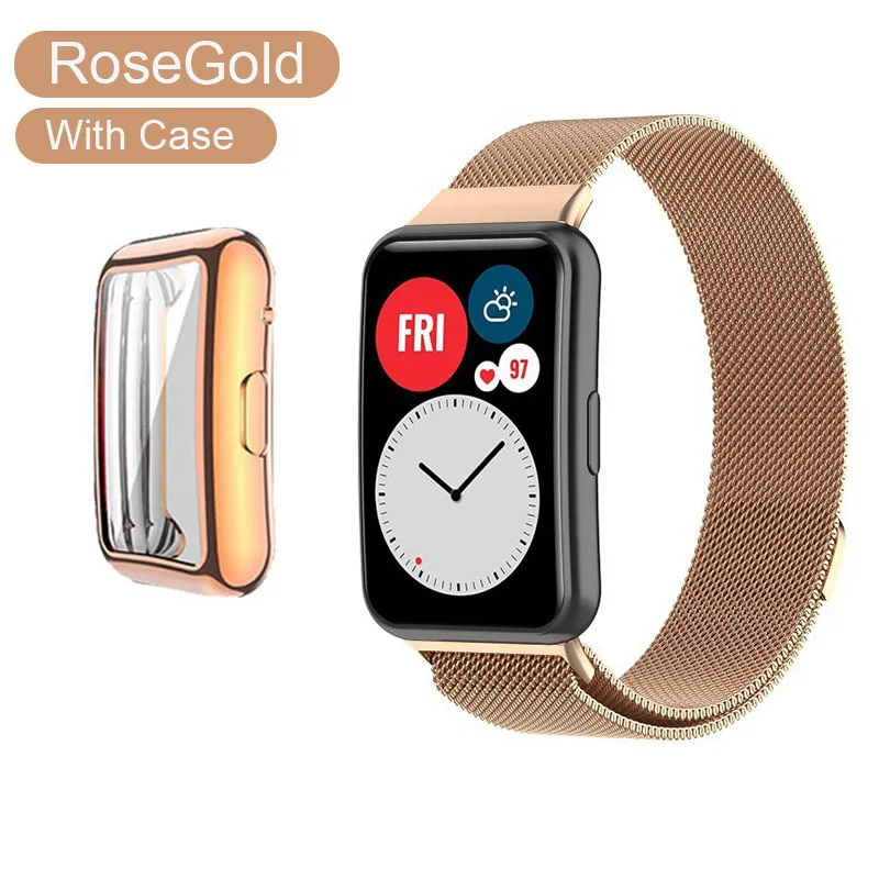 Premium Metal Band with TPU Screen Protector and Protective Case for Huawei Watch Fit - Milanese Magnetic Loop Strap