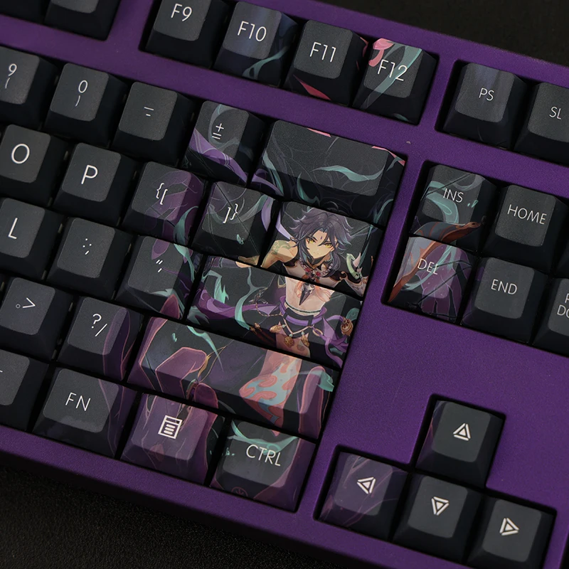Chaves Conjunto Lados Pbt Tintura Subbed Keycaps Anime dos Desenhos Animados Gaming Key Caps Cherry Perfil Keycap para Genshin Impacto Xiao 108 - Imagem 5