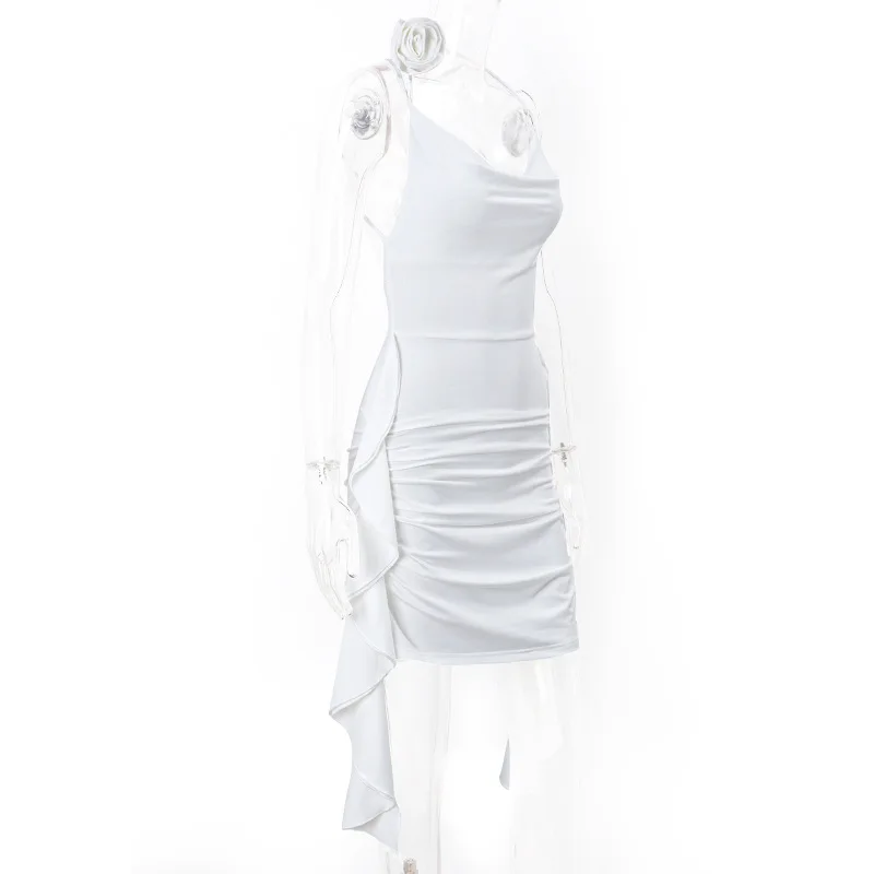 Vestido sexy sin espalda para mujer, con volantes, pliegues, liso, ajustado, minivestido de fiesta para mujer, sexy, con escote en V y cordones.