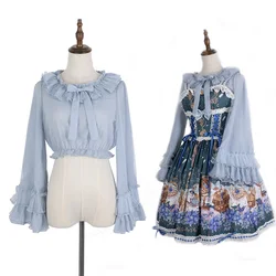 Japanese Sweet Lolita Blouses Women Kawaii Lace Bow Ruffle Collar Short Top Girls Summer Casual Loose Long Sleeve Chiffon Shirts