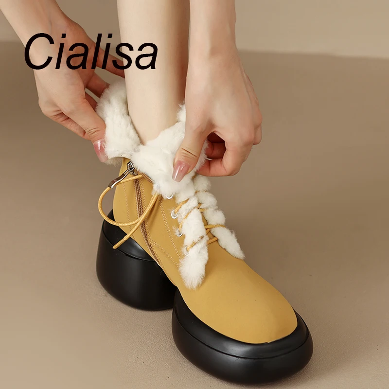 

Cialisa 2022 Winter Shoes Platform Short Boots Warm Fur Cross-Tied Round Toe Comfortable Thick Heels Zipper Ankle Boots Yellow