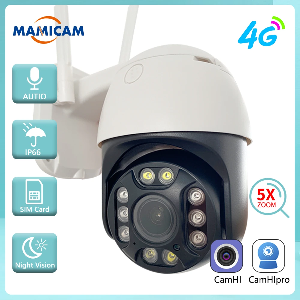 4G SIM Card Camera 5MP HD Video Surveillance Outdoor PTZ Speed Dome Security Protection 5X Zoom 2.5inch IR Night Vision Camhi