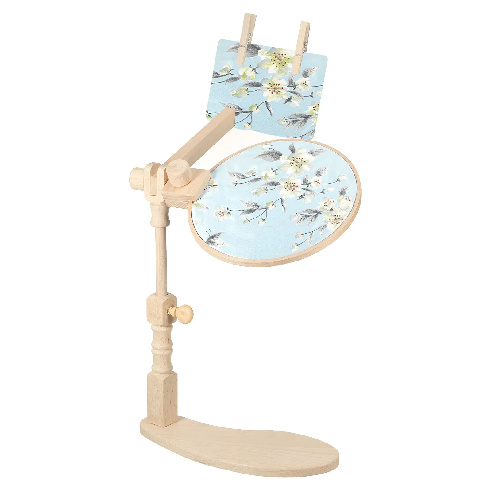 

360 Degree Rotation Adjustable Wooden Embroidery Hoop Stand Sitting Cross Stitch Rack Hands-Free Holder for Sewing Needlework