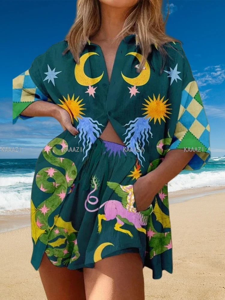 

Женские костюмы с принтом, блузка с коротким рукавом, топ, летние шорты, шикарный женский комплект из 2 предметов, наряды, повседневная одежда для отдыха