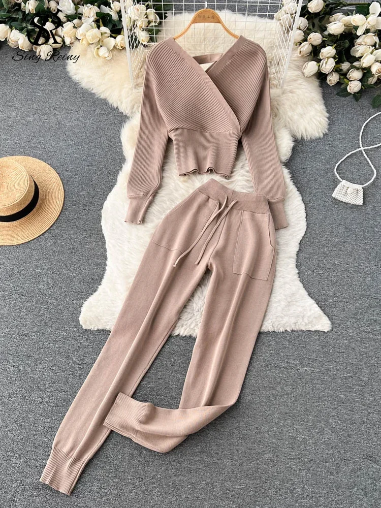 2024 New Winter Casual Knitted Two Pieces Suits V Neck Long Sleeve Sweater+ Elastic Casual Long Pants Sets Women Sweater Sets