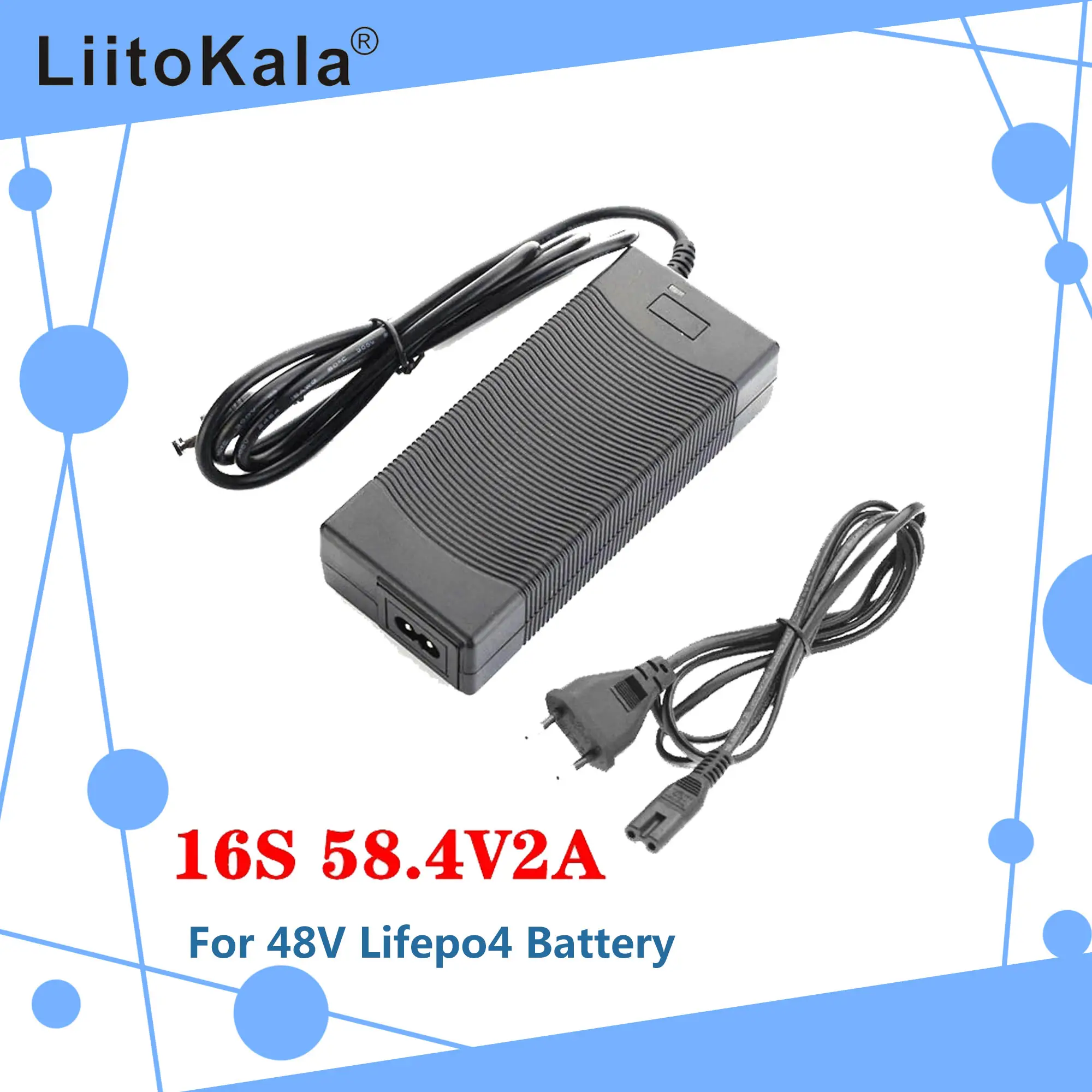 LiitoKala 48V 2A LiFePO4 battery Charger 58.4V 2A 100-240VAC DC For 16S 24V Battery pack battery charger
