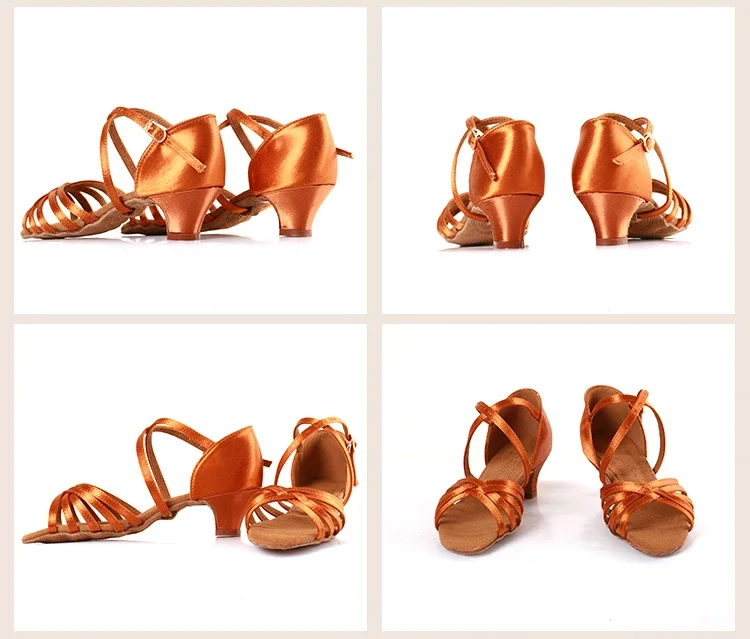 BD Satin Dark Tan Color Girls Professional Latin Dance Shoe Classic Latin Dance Shoes for Children 4.5cm Heel Clearance Price
