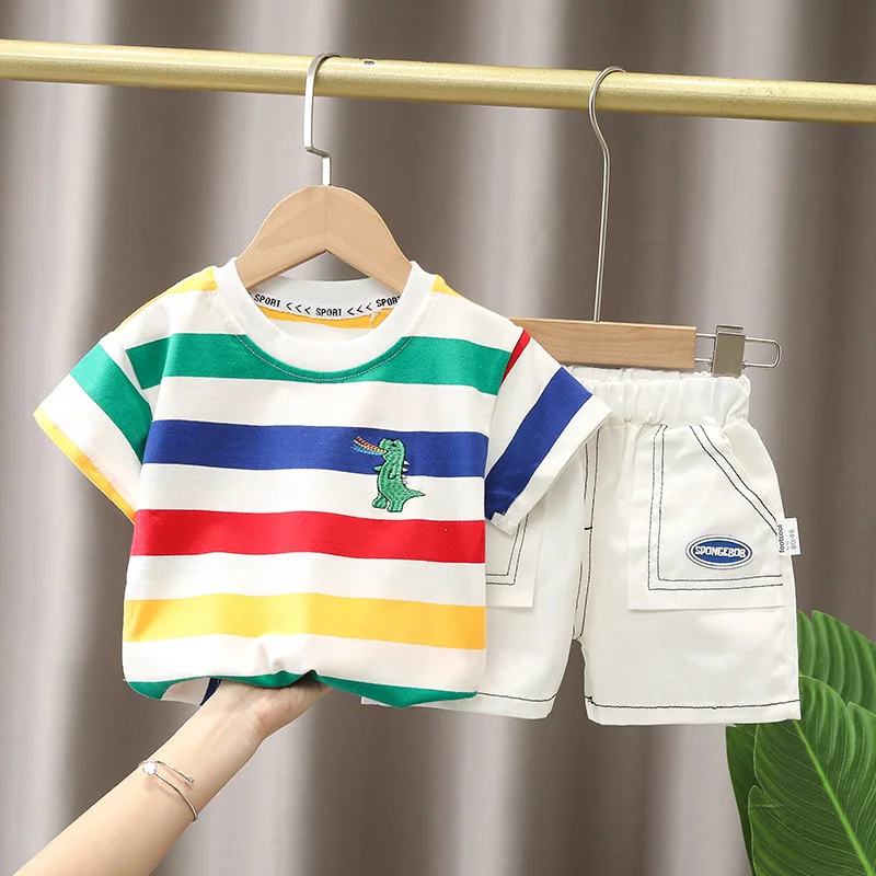 

Baby Boy Clothing Sets Summer Striped Dinosaur T-shirt + Shorts Suits Children Casual Clothes Kids Short Sleeve Outfits