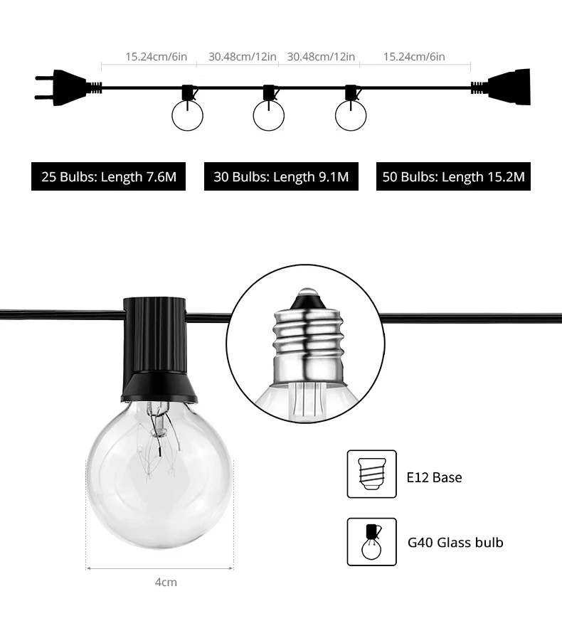 Description Picture 4 of itemLED G40 Ball String Lights Waterproof Outdoor Garden Garland String Fairy Christmas Party Wedding Decoration 25FT 30FT 50FT