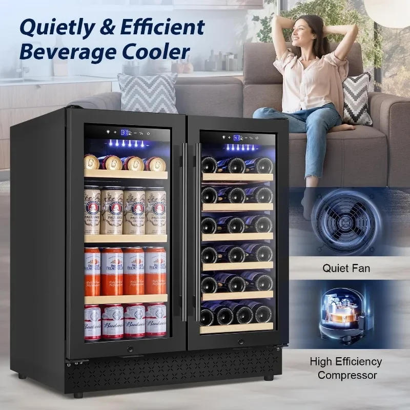 Tylza 30 Inch Wine and Beverage Refrigerator, Dual Zone Wine Beverage Cooler 30" with French Door, Under Counter Beer