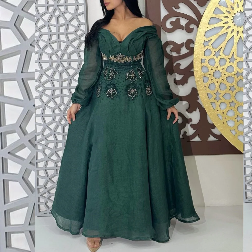 

Exquisite Chiffon Sequined Beading Ruched A-line Off-the-shoulder Midi Dresses Evening Dresses Pastrol Unisex Chinese Style