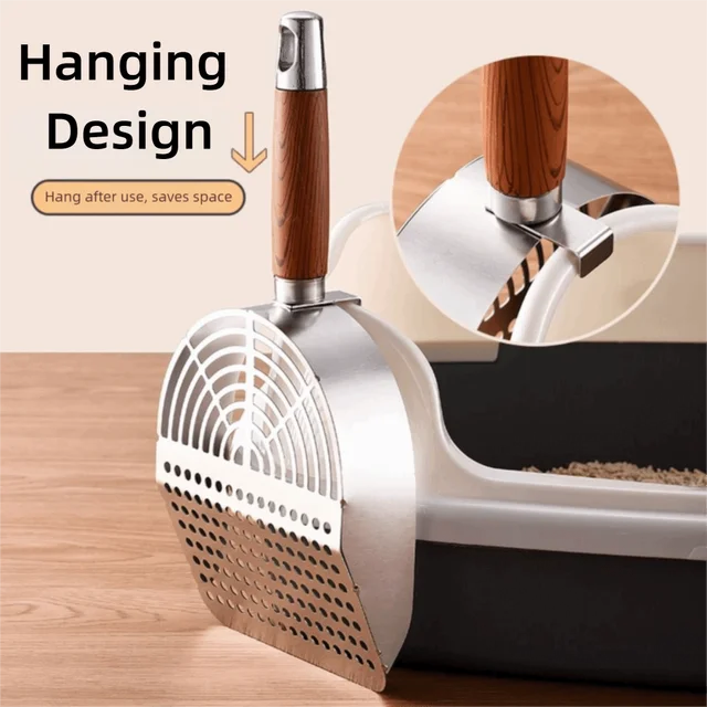 Stainless Steel Cat Litter Scoop Long Handle Sturdy Mesh Cat Poop Sifting Tool Wood Handle Non-stick Pet Waste Shovel 2