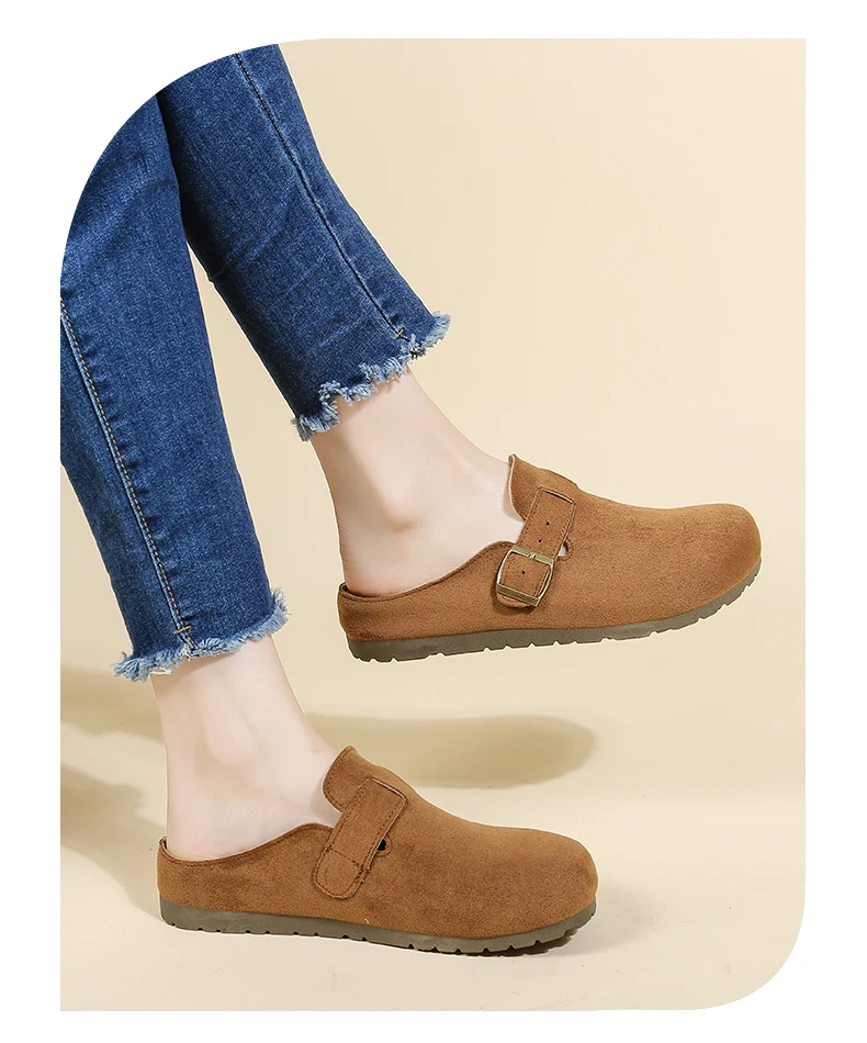 Women's Retro Suede Clogs With Buckle Slip-on Mules Flat Sandals_voghion.com