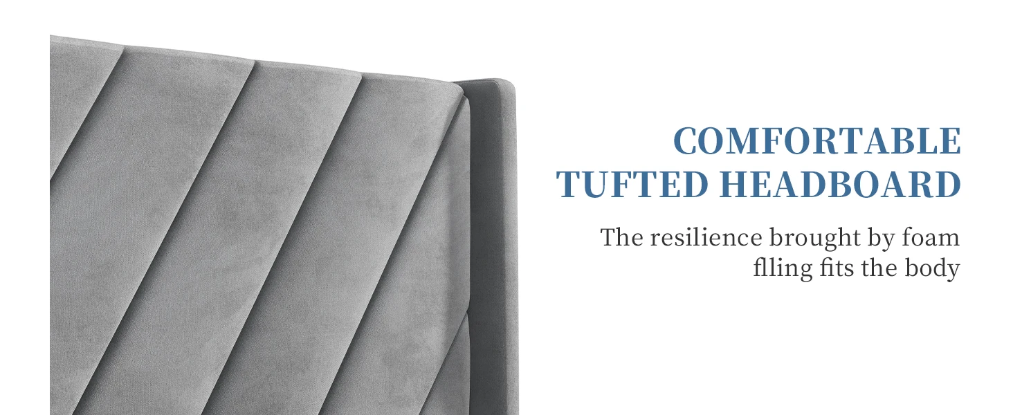 Bed Frame Upholstered Platform Bed with Wing Side/Wooden Slat Support